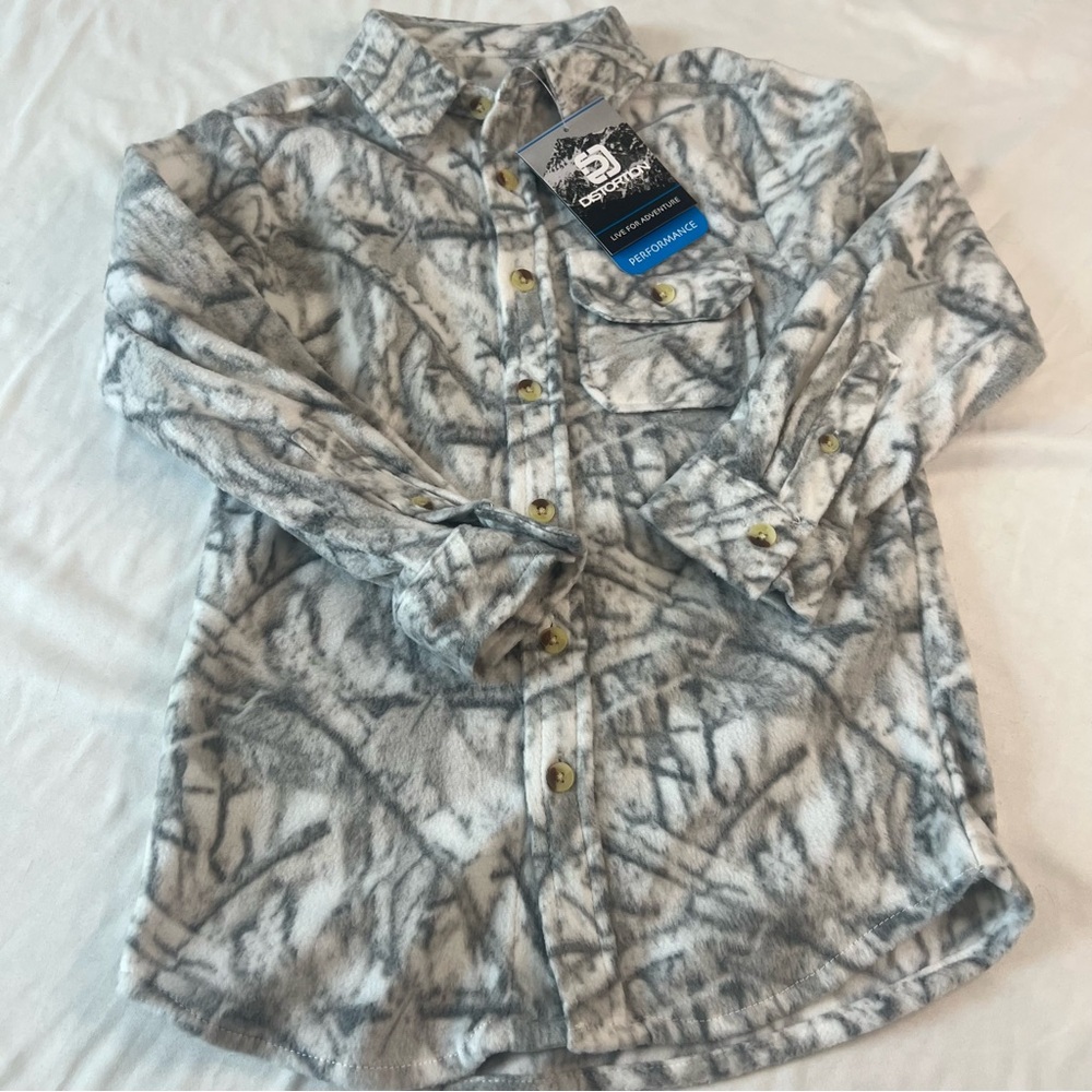 Distortion Boys‎ Size 6 Camo Fleece Button Down Shirt Gray Hunting Outdoor